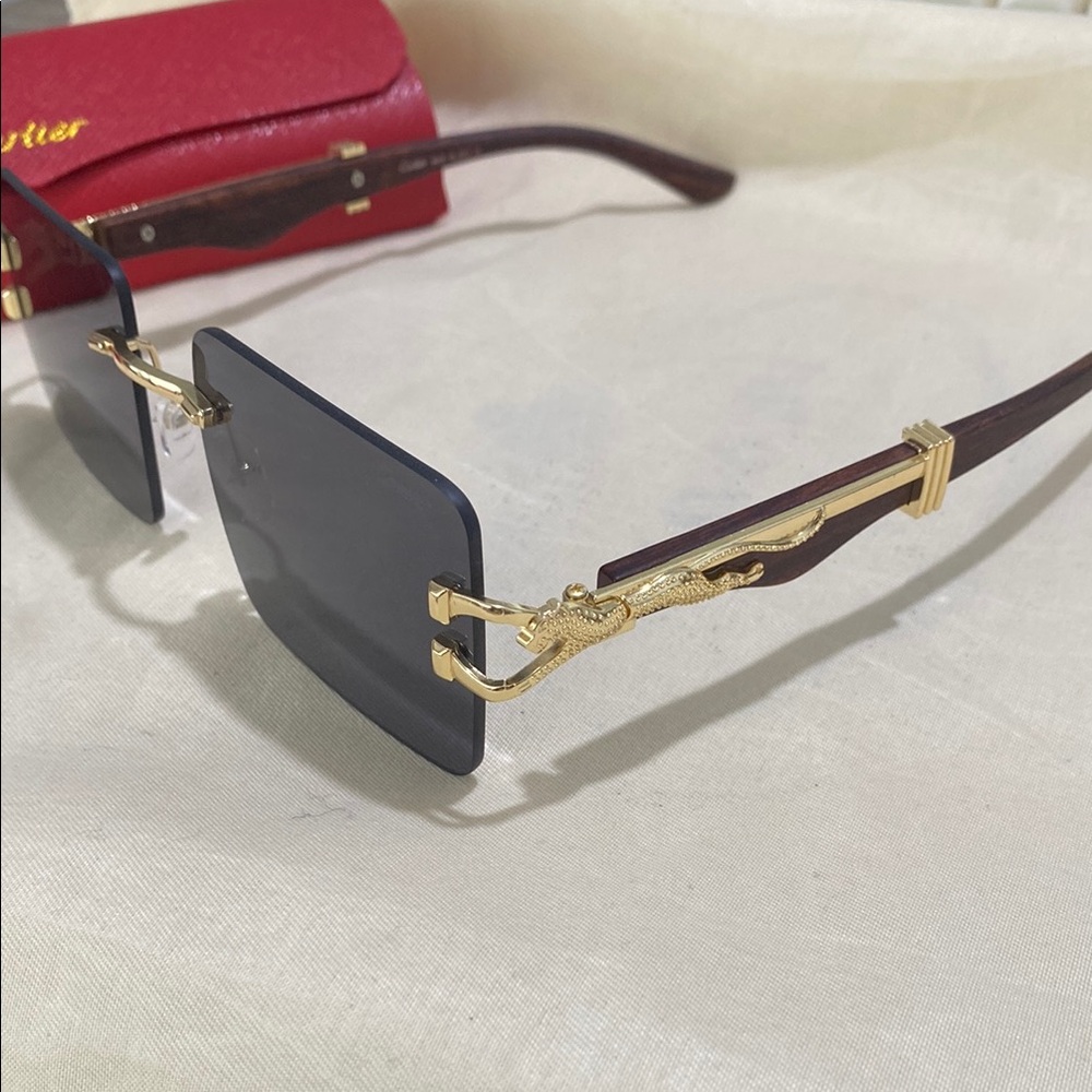 Cartier Rimless Leopard Print Wood Buffs Sunglasses